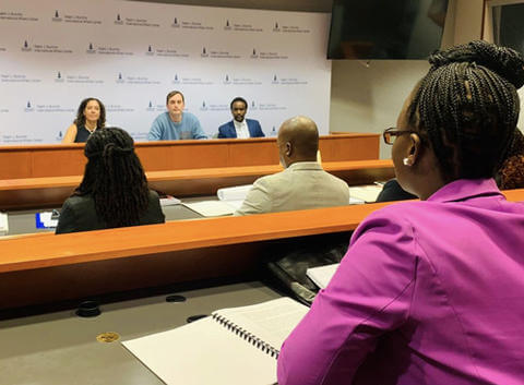 Krista Johnson (CfAS Director), Phiwokuhle Mnyandu (CfAS Assistant Director), and Michael Walsh (HBCU-ACC Advisor) deliver briefing on the HBCU-Africa Correspondents Corps to the Mozambique International Visitor Leadership Program.