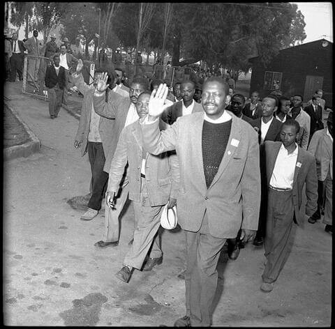 Founding president of the Pan Africanist Congress, Robert Sobukwe’s leads a protest in Johannesburg, South Africa.